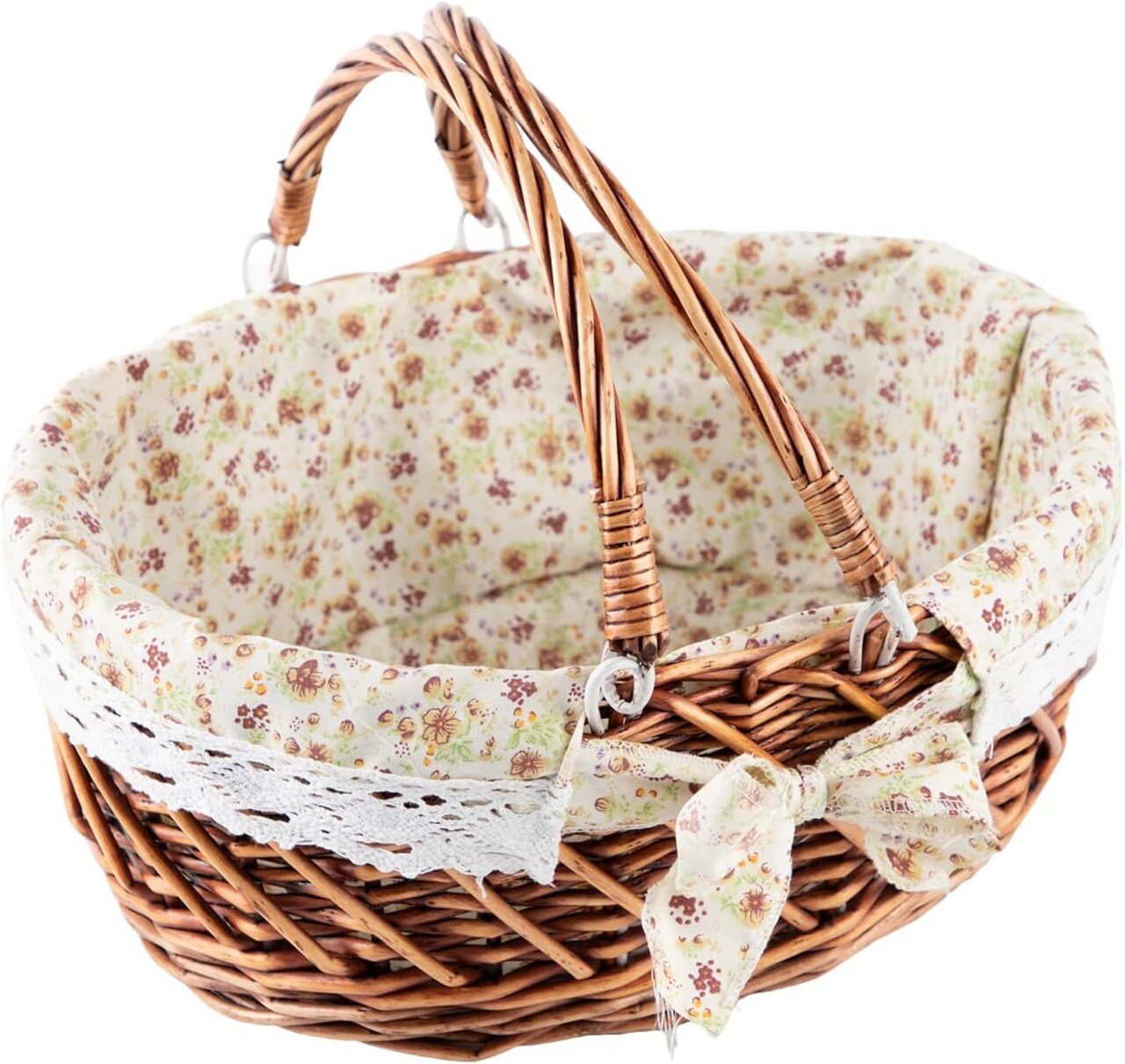 Picnic Basket with Handles & Liner Oval Empty Gift Basket Willow Woven Easter Eggs & Candy Storage Basket